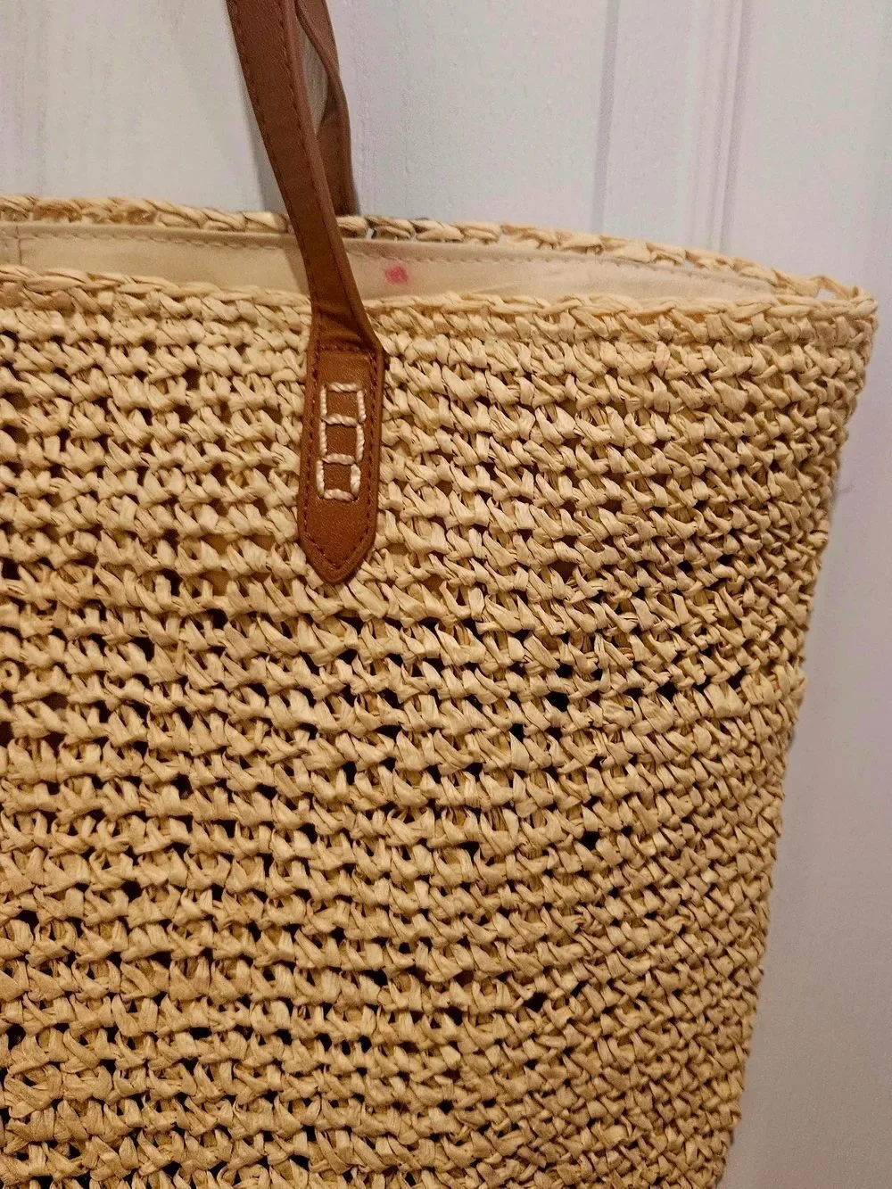 Macy's Woven Straw Tote with Green & Black Leaf Print and Brown Straps
